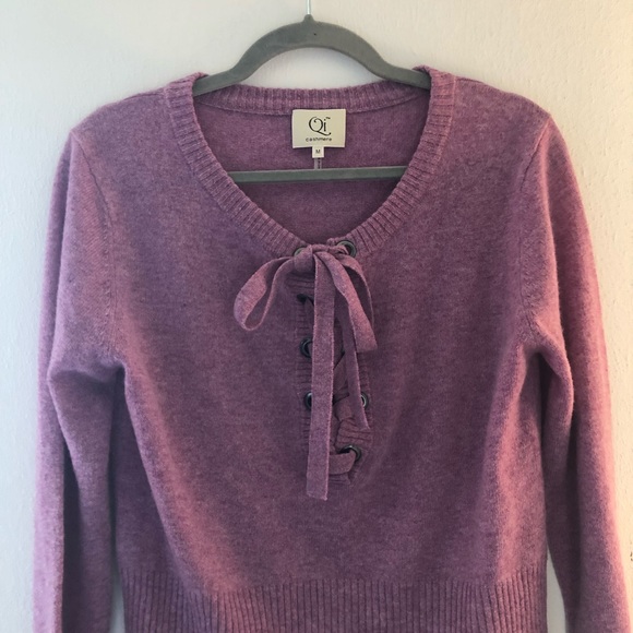 Qi Cashmere Sweater Lace Up Front 100% Cashmere Berry Mousse (Purple-Pink) M EUC - Picture 6 of 14